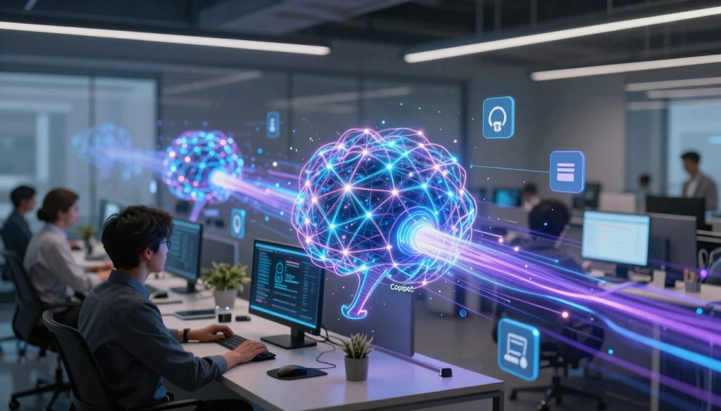 Representaci&oacute;n cinematogr&aacute;fica de una red neuronal digital fusion&aacute;ndose con un espacio de trabajo profesional, simbolizando agentes de IA aut&oacute;nomos.