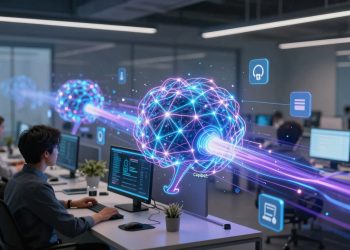 Representación cinematográfica de una red neuronal digital fusionándose con un espacio de trabajo profesional, simbolizando agentes de IA autónomos.