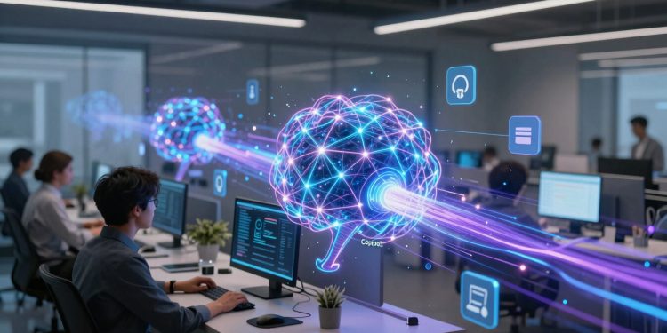 Representación cinematográfica de una red neuronal digital fusionándose con un espacio de trabajo profesional, simbolizando agentes de IA autónomos.